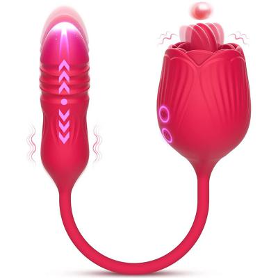 Hot Selling 2 in 1 Rose Clitoral Licking Dildo Sex Toy Love Egg Vibrator 10 Frequency Vibrating Thrusting Rose Vibrator