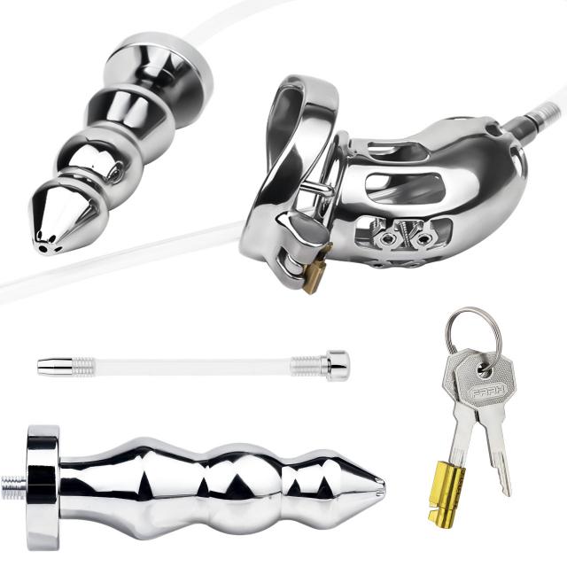 FRRK-100K Metal Chastity Device Penis Cage With Anal Plug Stainless Steel BDSM Sex Toys Wholesale
