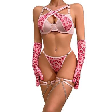 Hot Sale Pink Leopard Print Metal Chain Sexy Lingerie Women