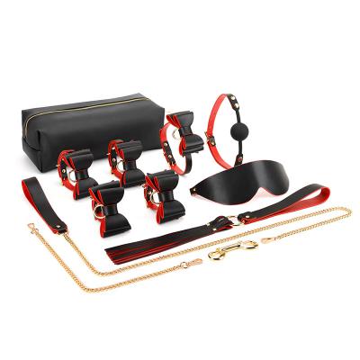 Luxury PU Leather BDSM Kits Bondage Sex Toys for Couple Bowknot Tie Handcuff Ankle Cuffs Collar Choker Restraints Adult Games%
