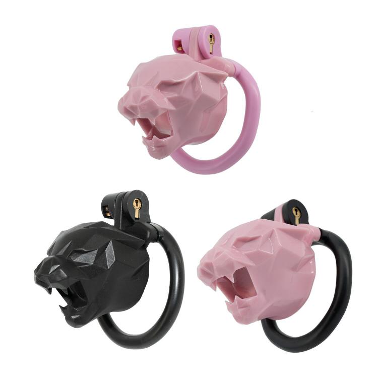 Men's Small Chastity Device Leopard Head Animal Cock Cage with Four Rings Plastic Sex Toys for Men