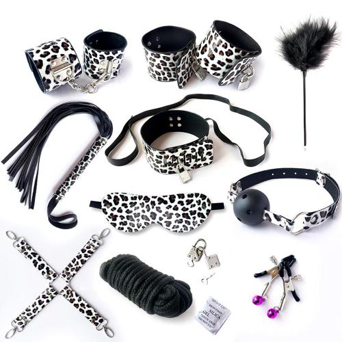 10pcs/set Leopard Print SM Bondage Bdsm Set Adult Kit Handcuffs Ball Whip Collar Fetish