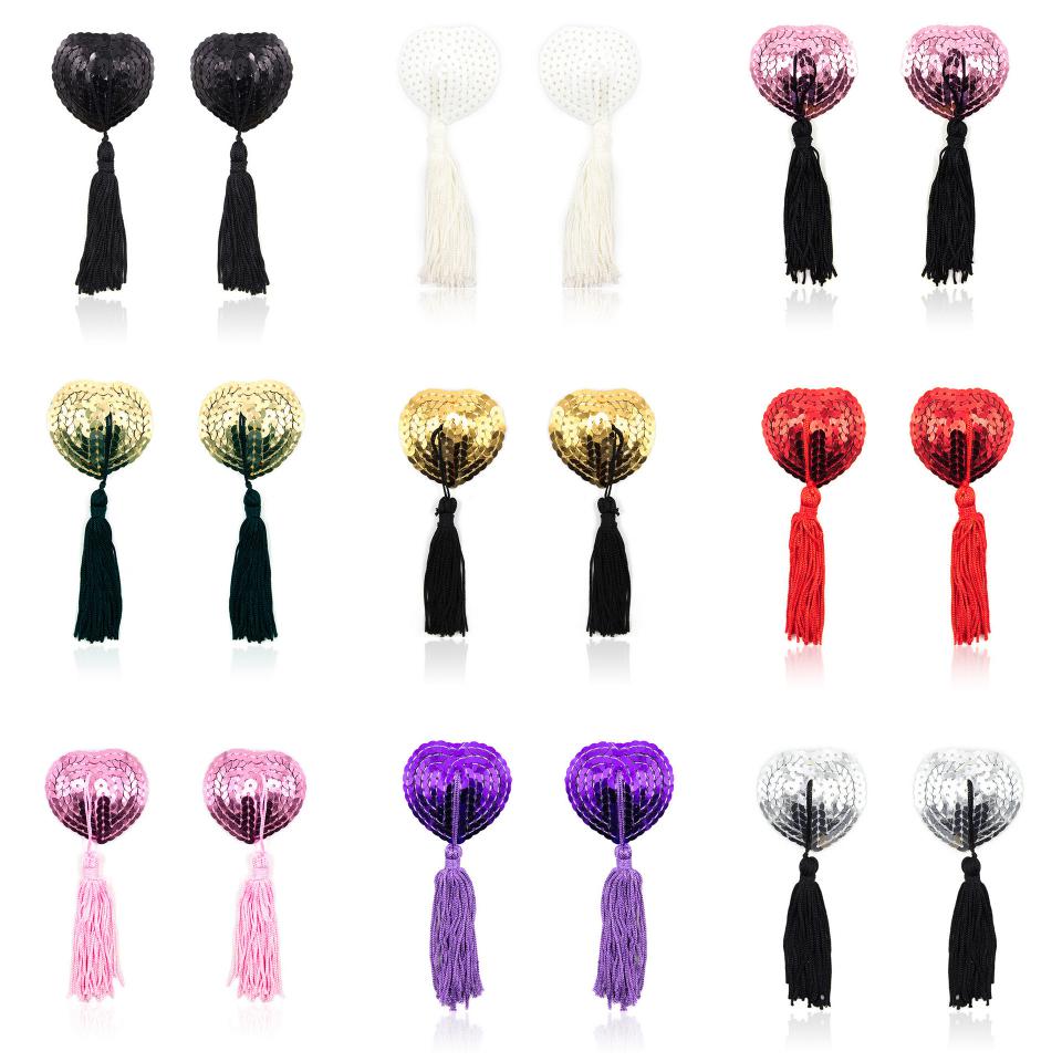 Hottest and Wholesale 11 Colors Sexy Women Girls Heart Sexy Breast Covers Sexy Self Adhesive Sequins Tassels Nipple Covers
