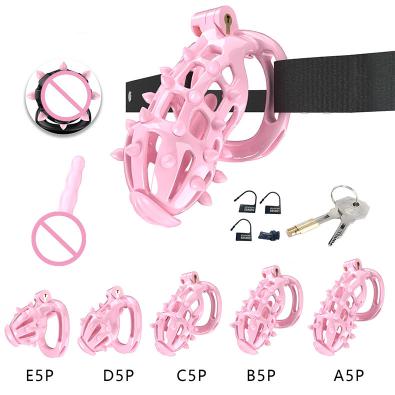 Pink Silicone Soft Spikes 5 Size Plastic Male Chastity Device Penis Lock with Tube Ock Birdcage Sex Toys