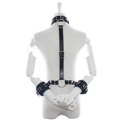 High Quality Bondage Leather Neck to Wrist Restraint Hands Against Back Body Handcuffs Sex Toys for Men and Women